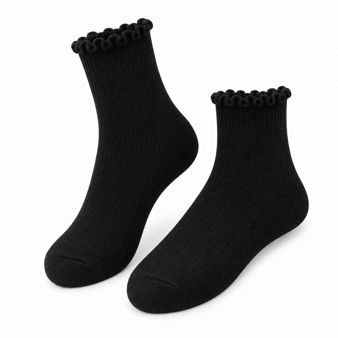 Black bamboo-blend ruffle crew socks, angled pair showing the lettuce-edge cuffs