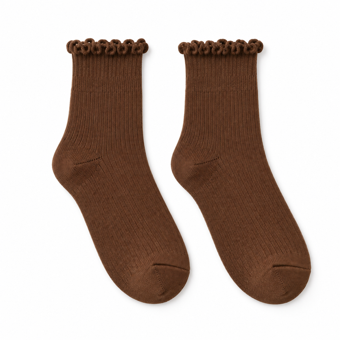 Chocolate Brown bamboo-blend ruffle crew socks, matching pair, front view