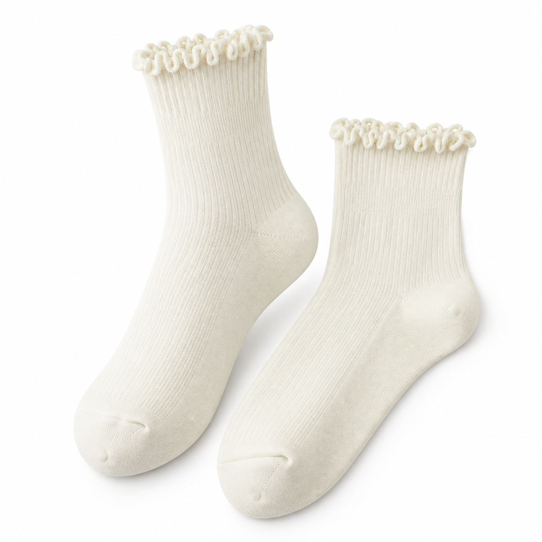 Ivory bamboo-blend ruffle crew socks, angled pair showing the lettuce-edge cuffs