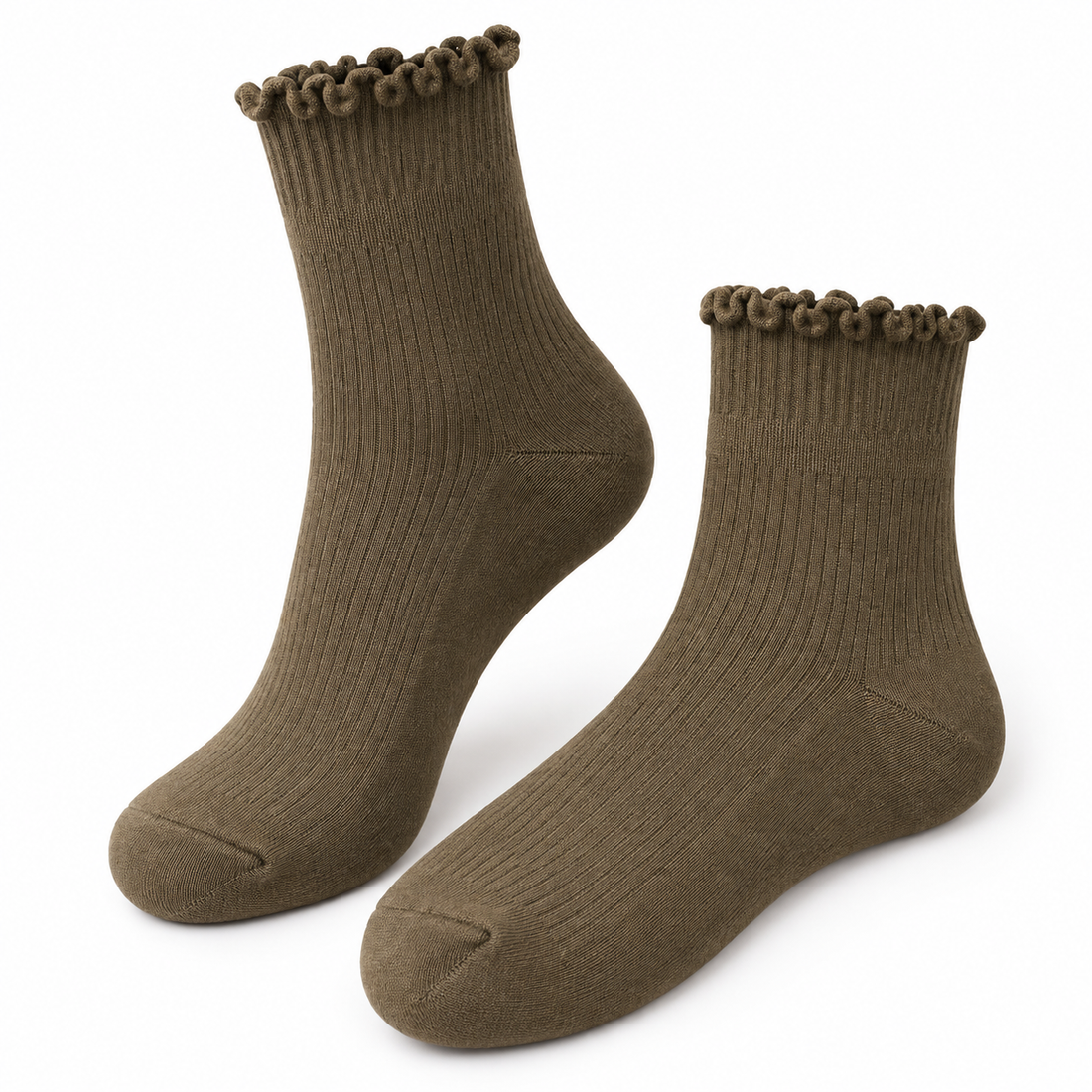 Olive Brown bamboo-blend ruffle crew socks, angled pair showing the lettuce-edge cuffs
