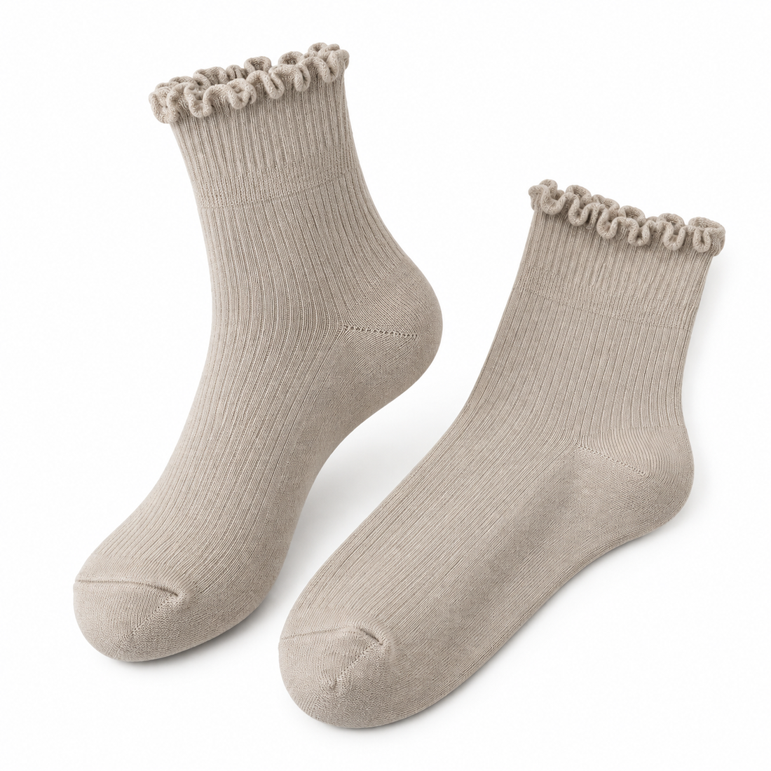 Stone bamboo-blend ruffle crew socks, angled pair showing the lettuce-edge cuffs