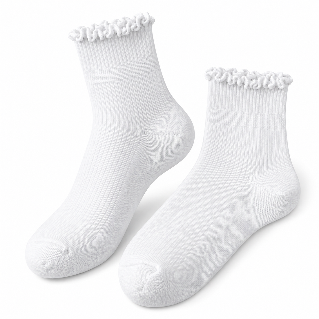 White bamboo-blend ruffle crew socks, angled pair showing the lettuce-edge cuffs