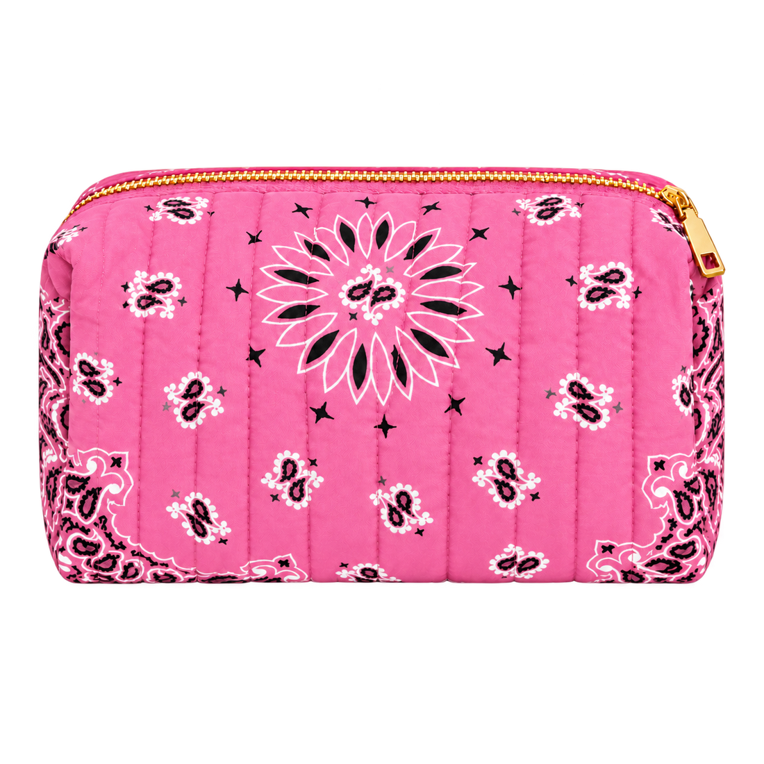 Pink quilted bandana cosmetic case, blank front ready for personalization