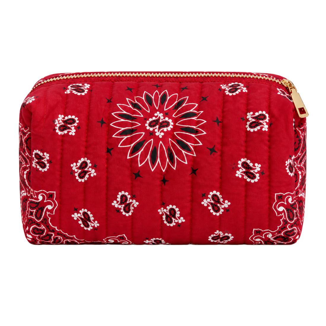 Red quilted bandana cosmetic case, blank front ready for personalization