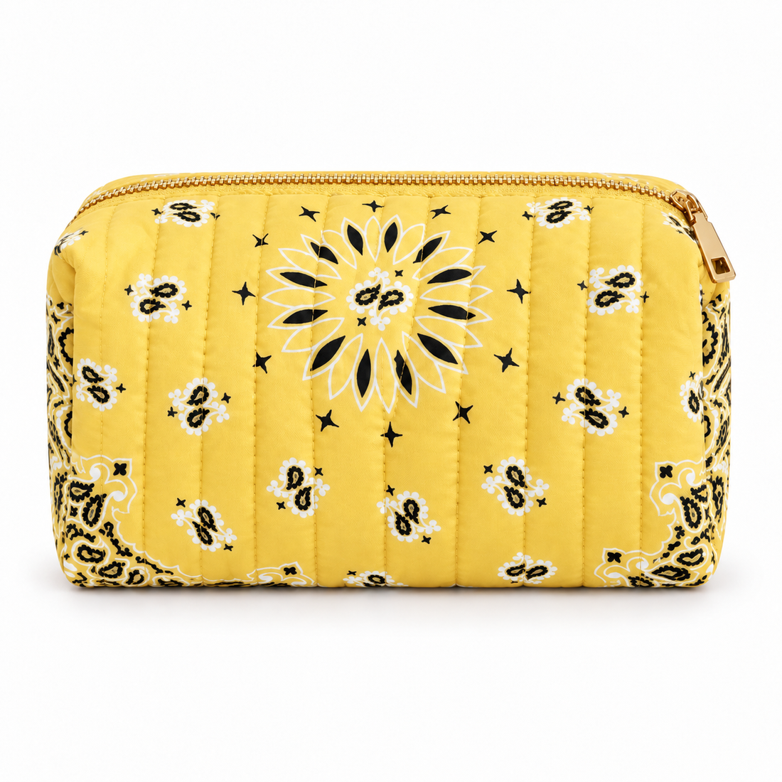 Yellow quilted bandana cosmetic case, front view