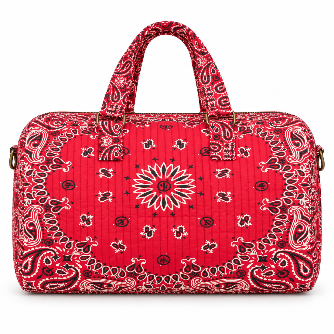 Red quilted bandana duffel, front view