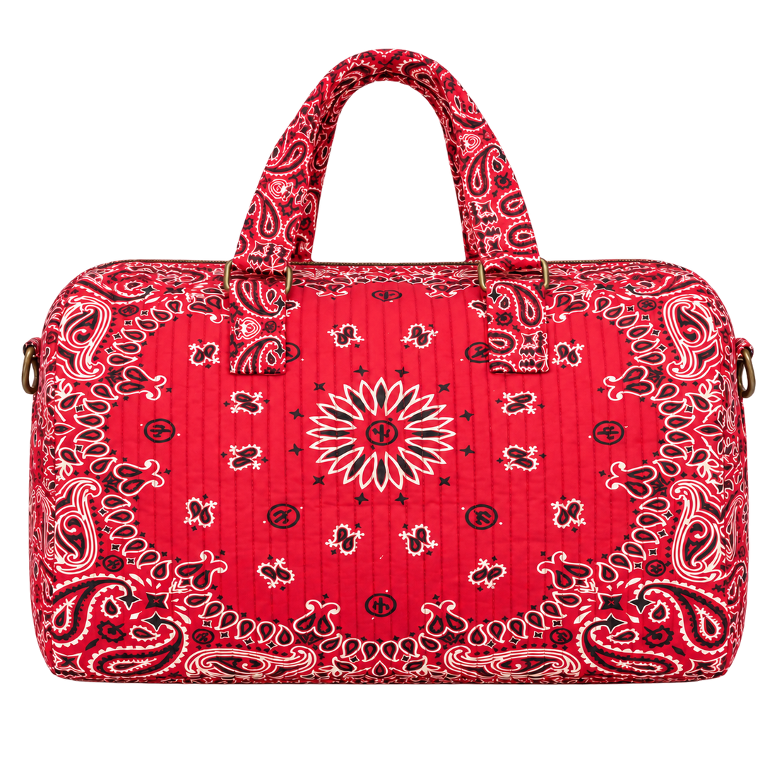 Red quilted bandana duffel, blank front ready for personalization