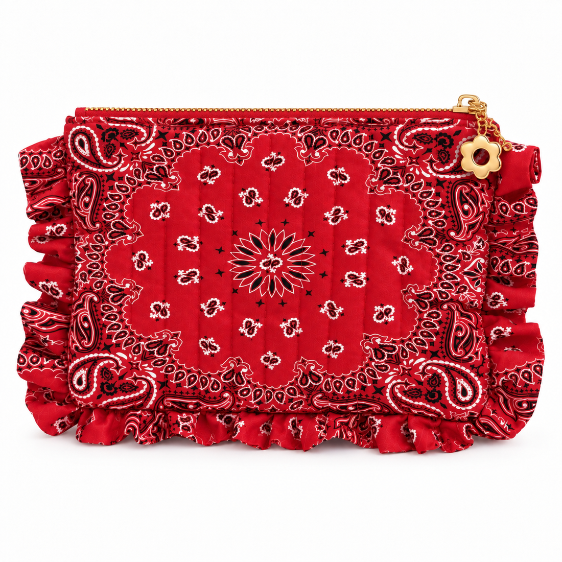 Red bandana ruffle pouch, front view