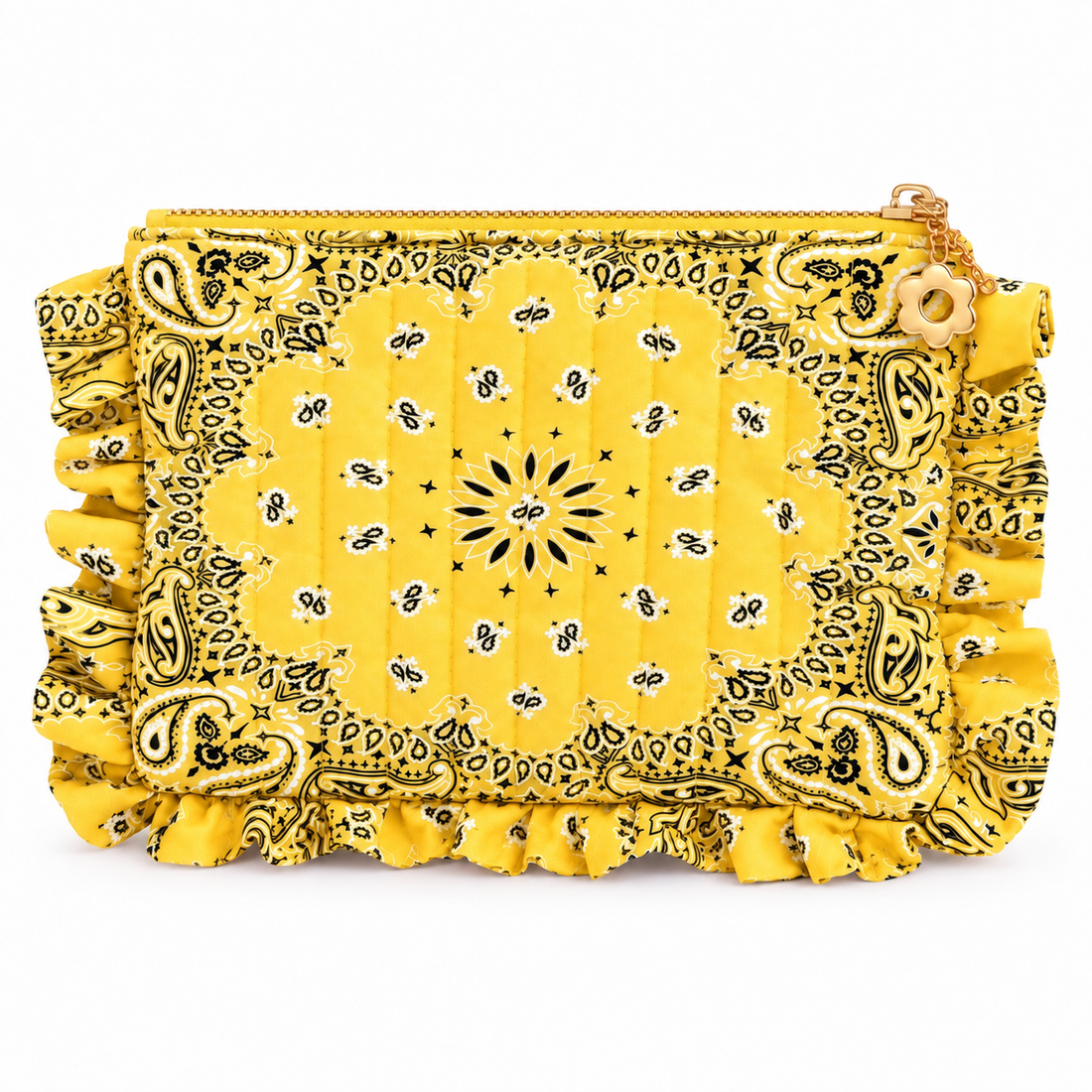 Yellow bandana ruffle pouch, front view