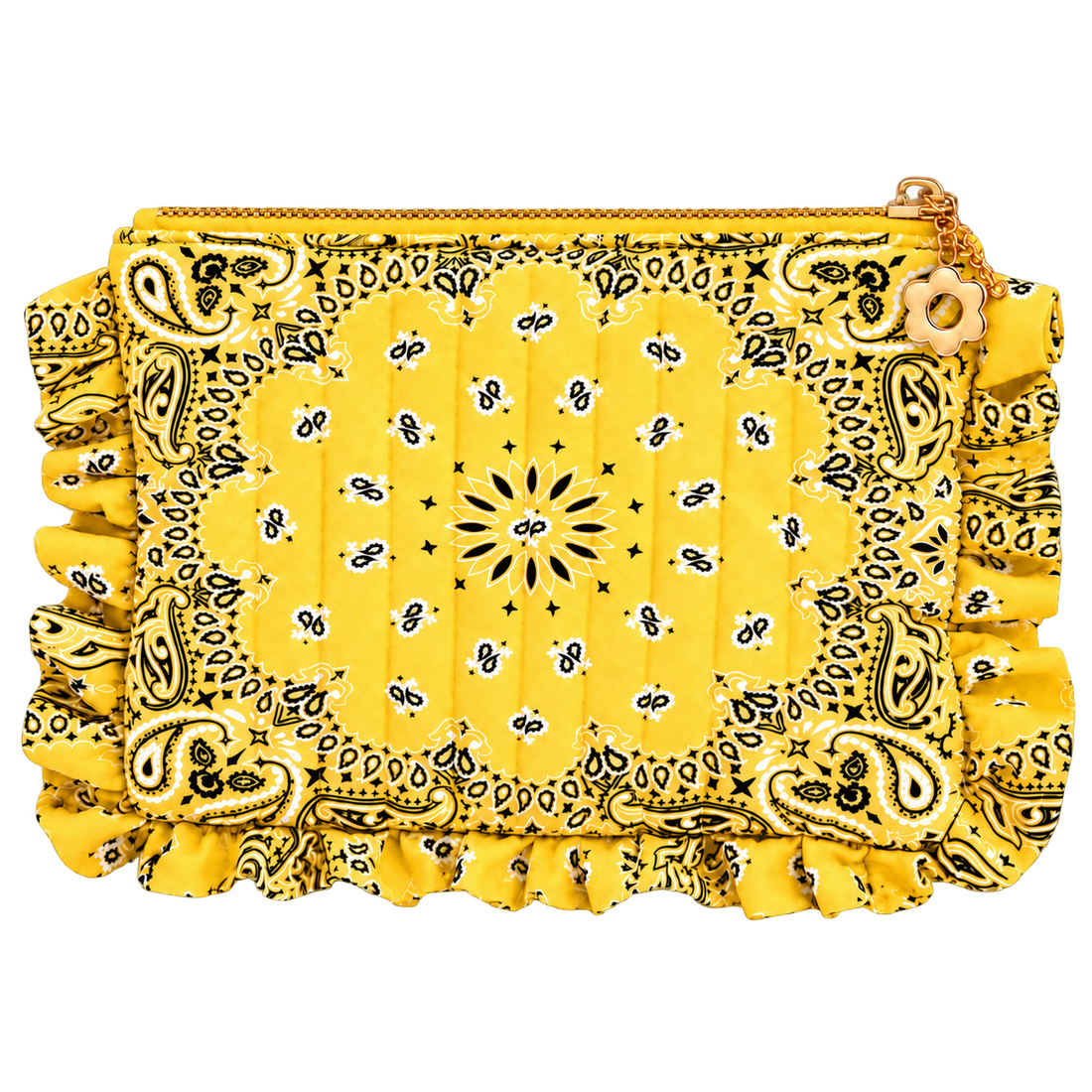 Yellow bandana ruffle pouch, blank front ready for personalization