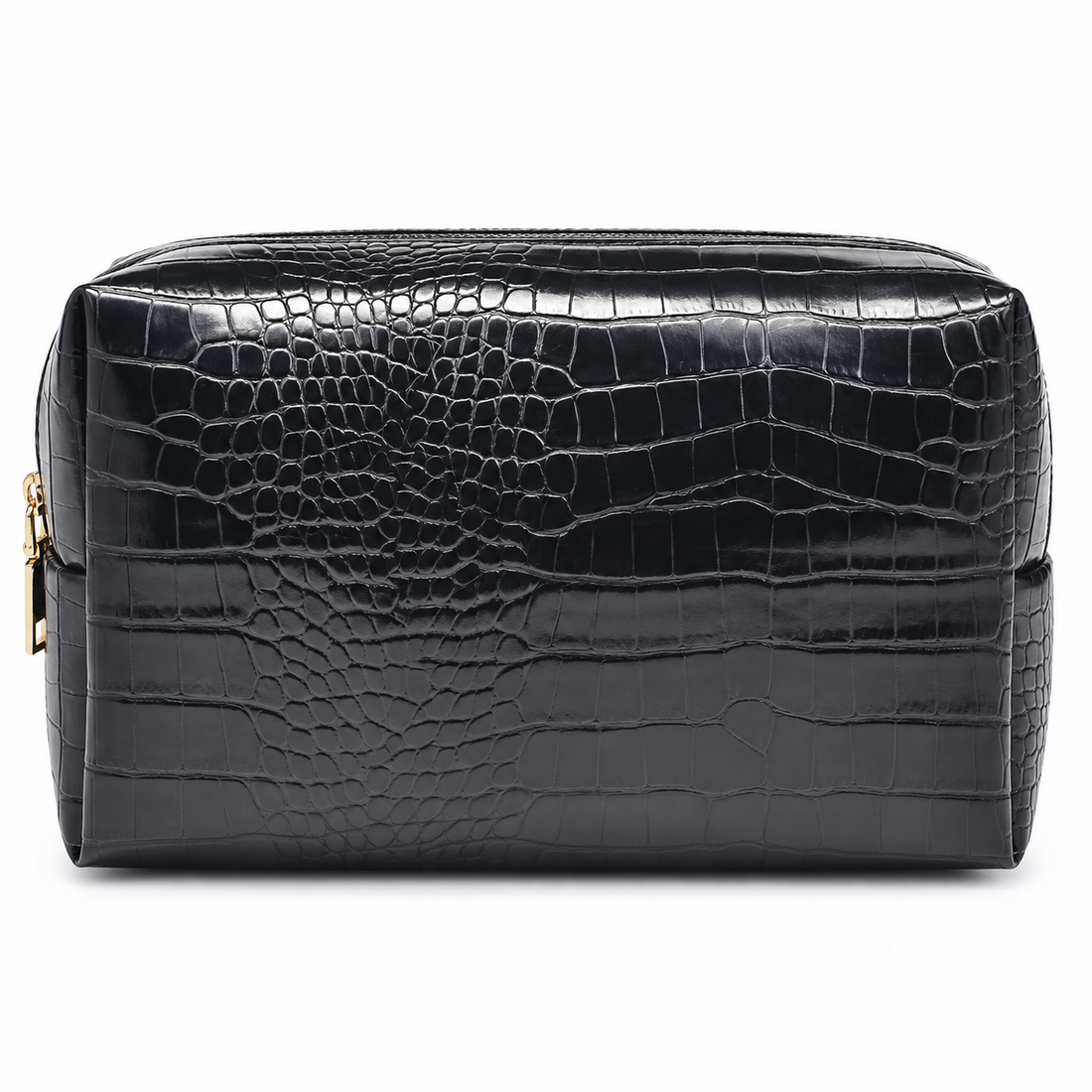 Black croc travel pouch, front view