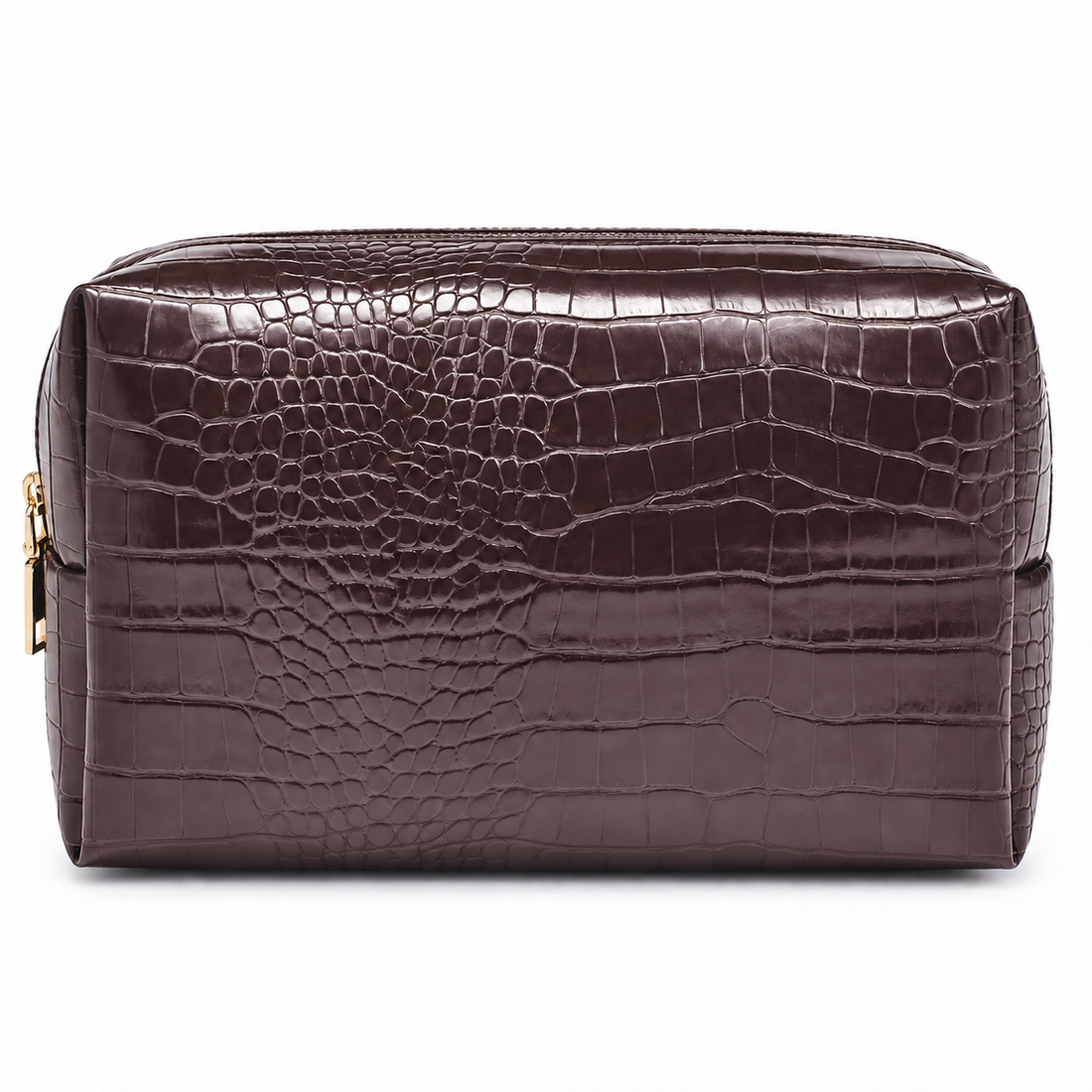 Chocolate Brown croc travel pouch, front view