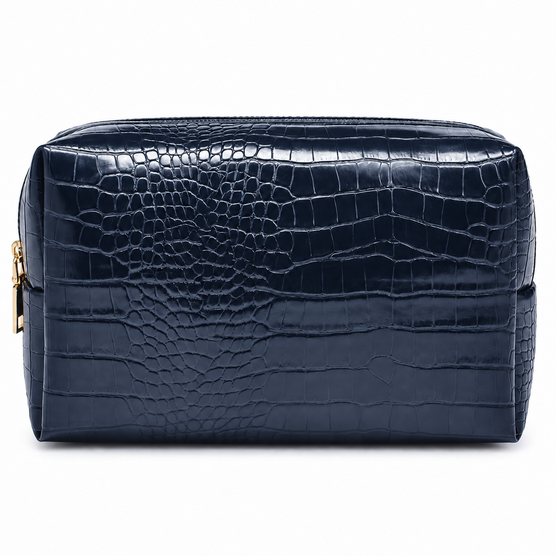 Navy croc travel pouch, front view
