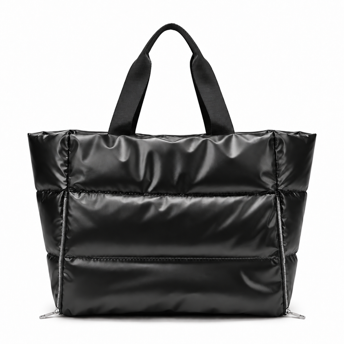 Black puffer gym bag, front view