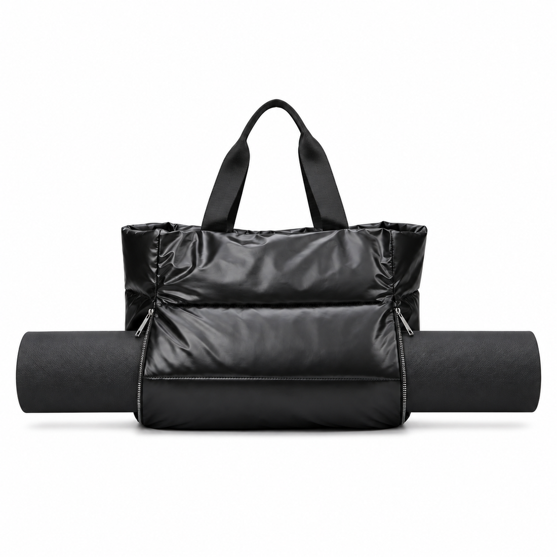 Black puffer gym bag holding a rolled yoga mat, front view