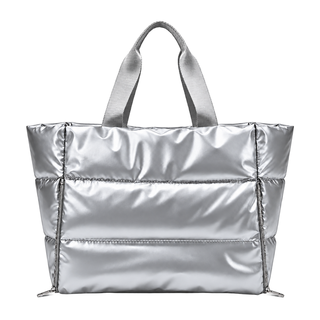 Silver puffer gym bag, blank front ready for personalization