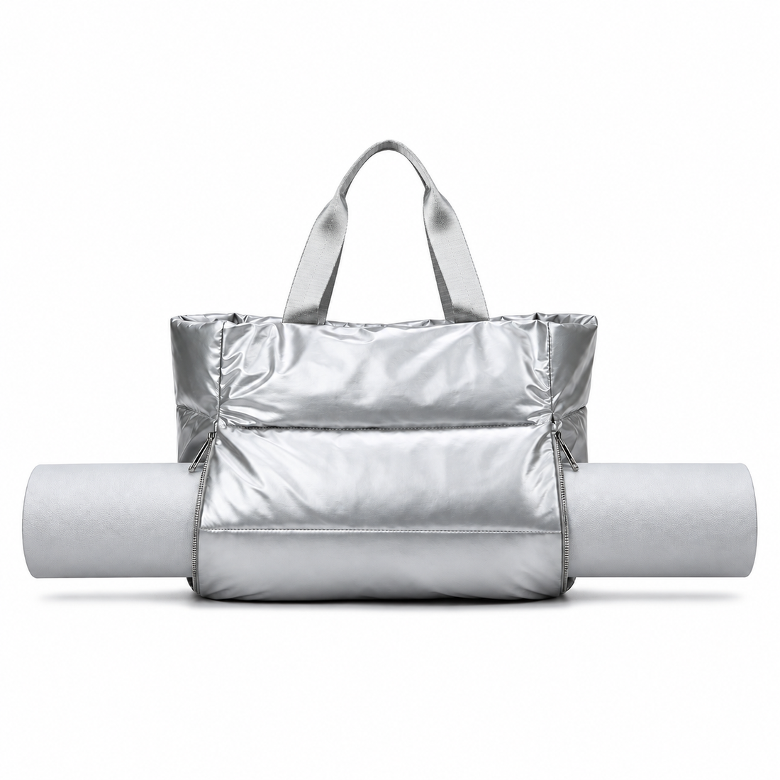 Silver puffer gym bag holding a rolled yoga mat, front view