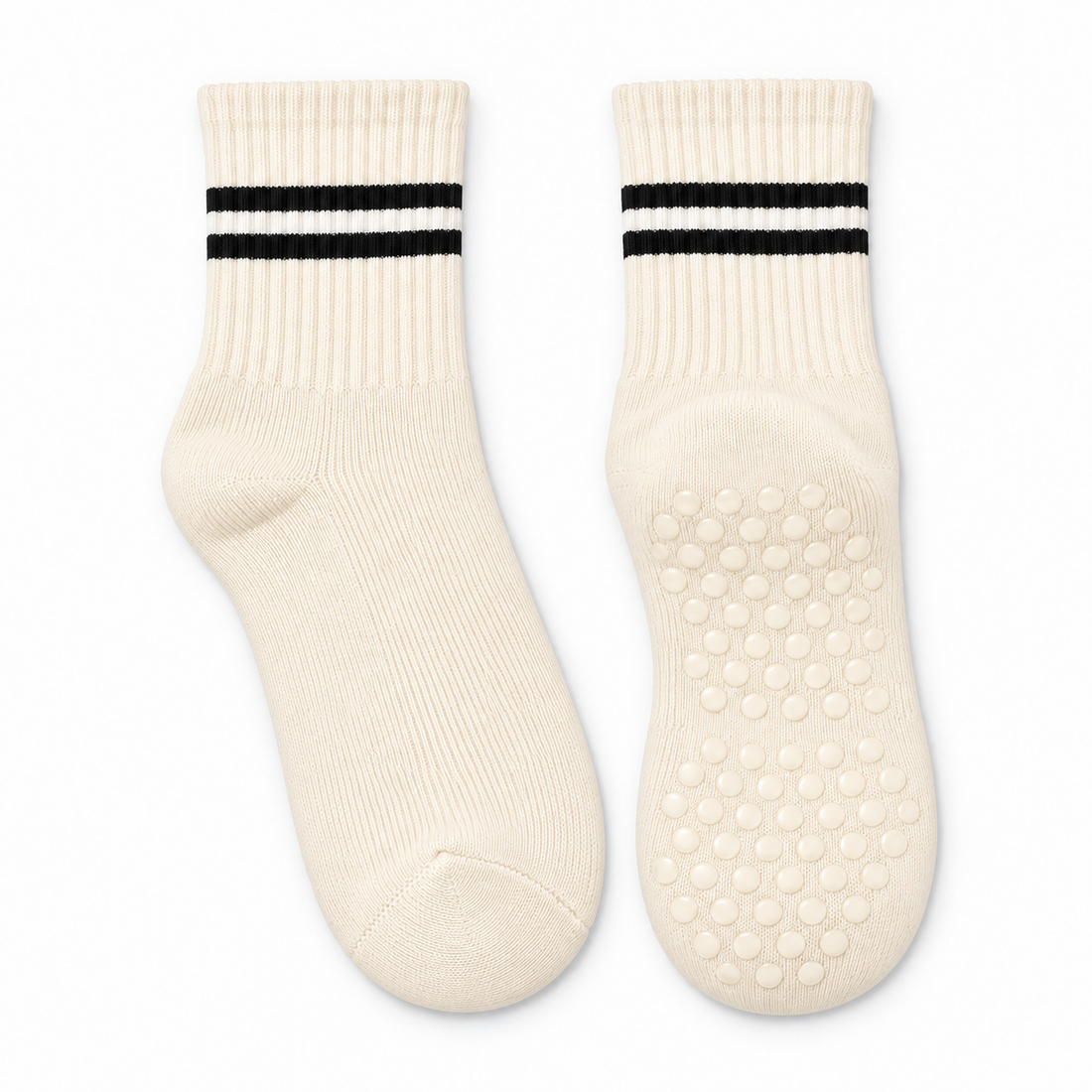 Ivory striped Pilates grip socks, matching pair, front view