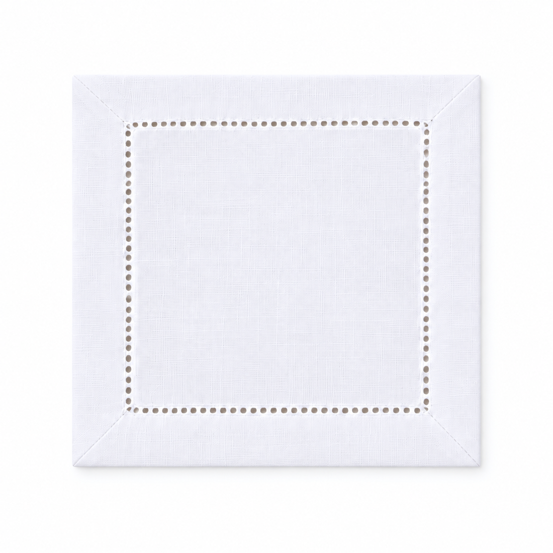 Single white hemstitch cocktail napkin, front view