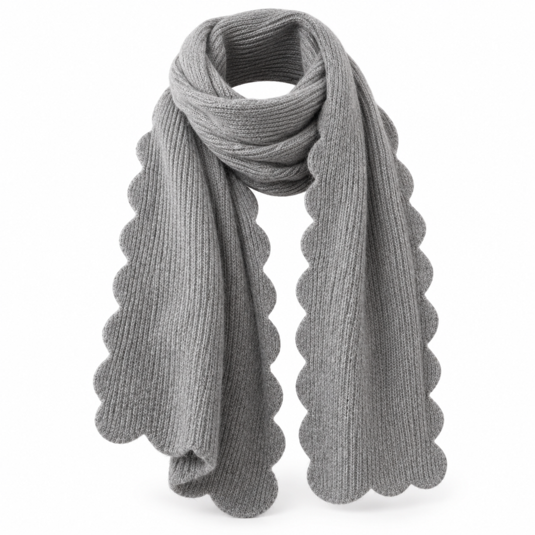 Gray scallop edge cozy scarf, loosely wrapped, front view