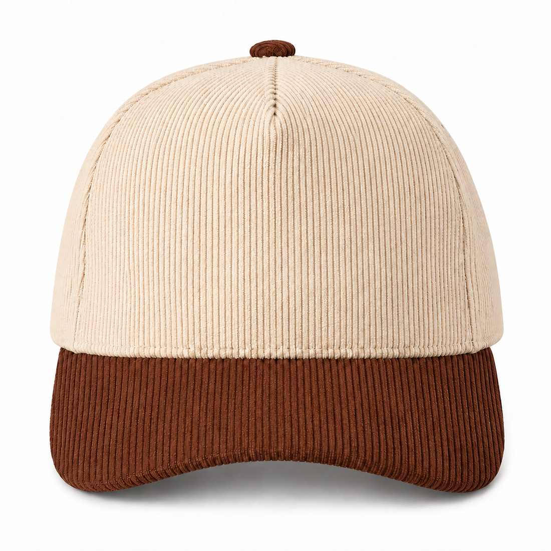 Cream and brown two-tone corduroy trucker hat, front view
