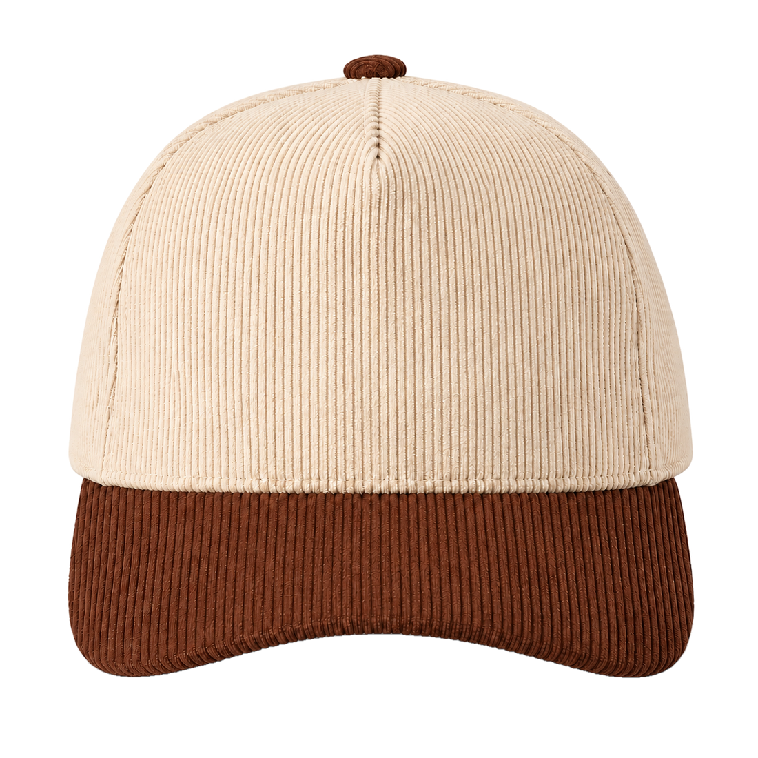 Cream and brown two-tone corduroy trucker hat, blank front ready for personalization