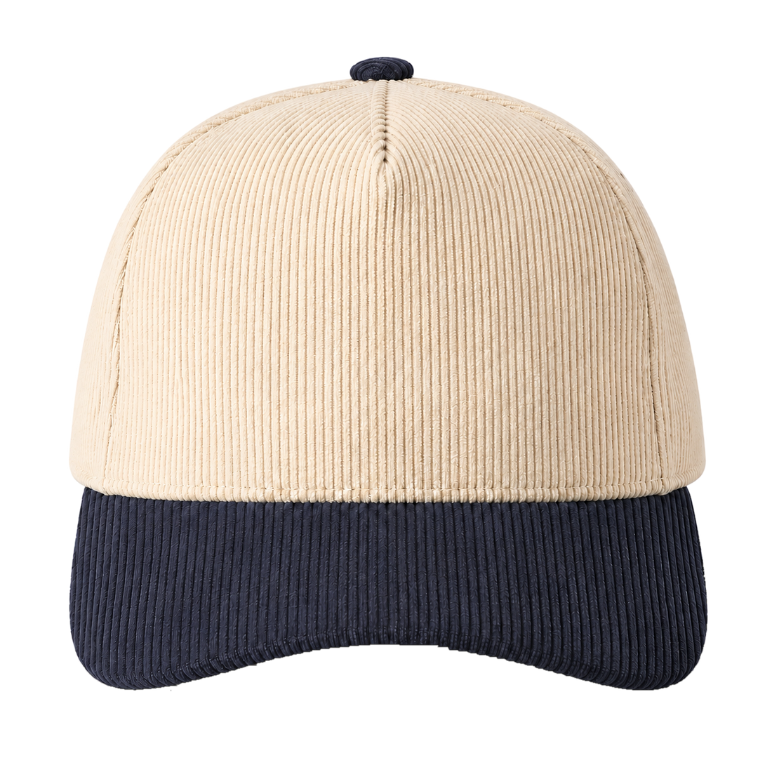 Cream and navy two-tone corduroy trucker hat, blank front ready for personalization