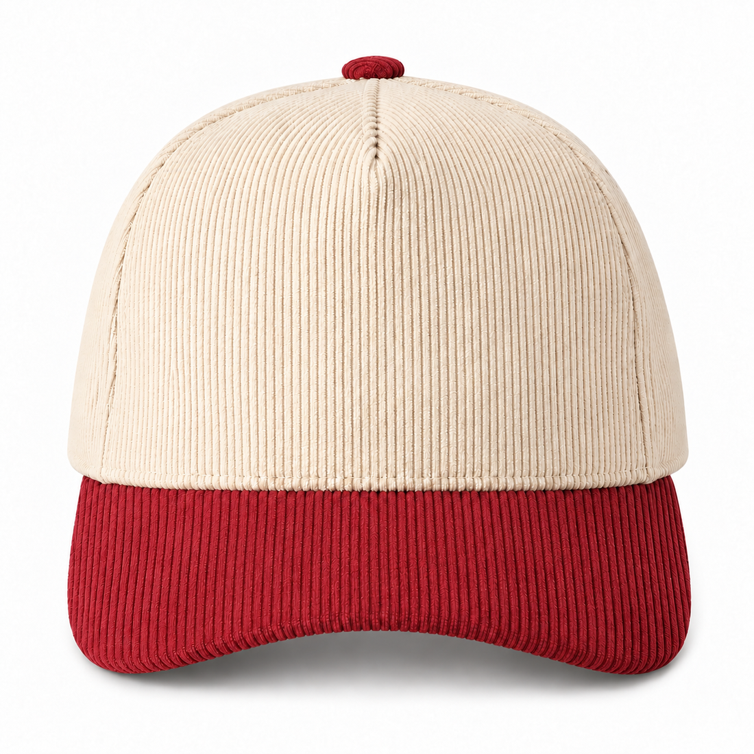 Cream and red two-tone corduroy trucker hat, front view