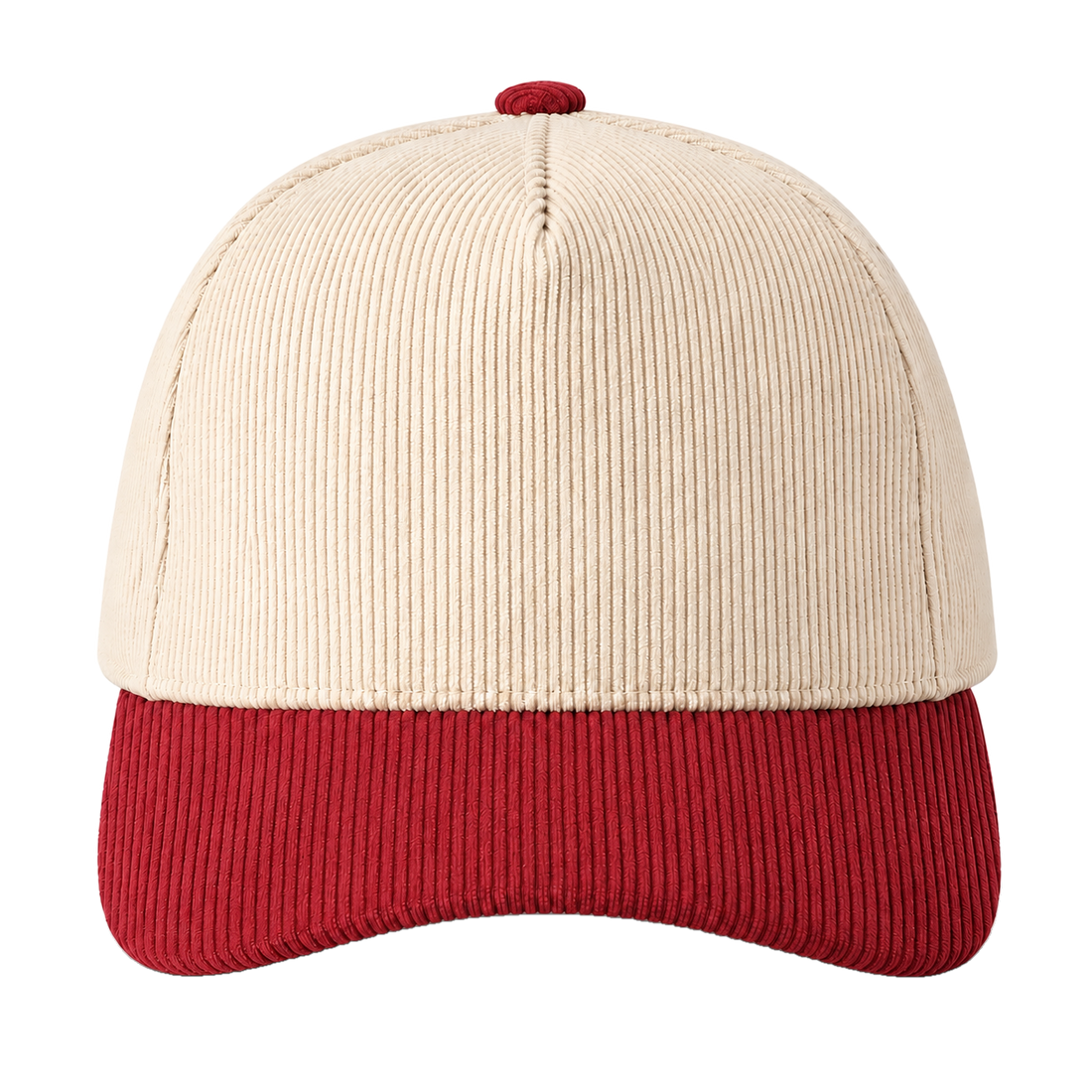 Cream and red two-tone corduroy trucker hat, blank front ready for personalization
