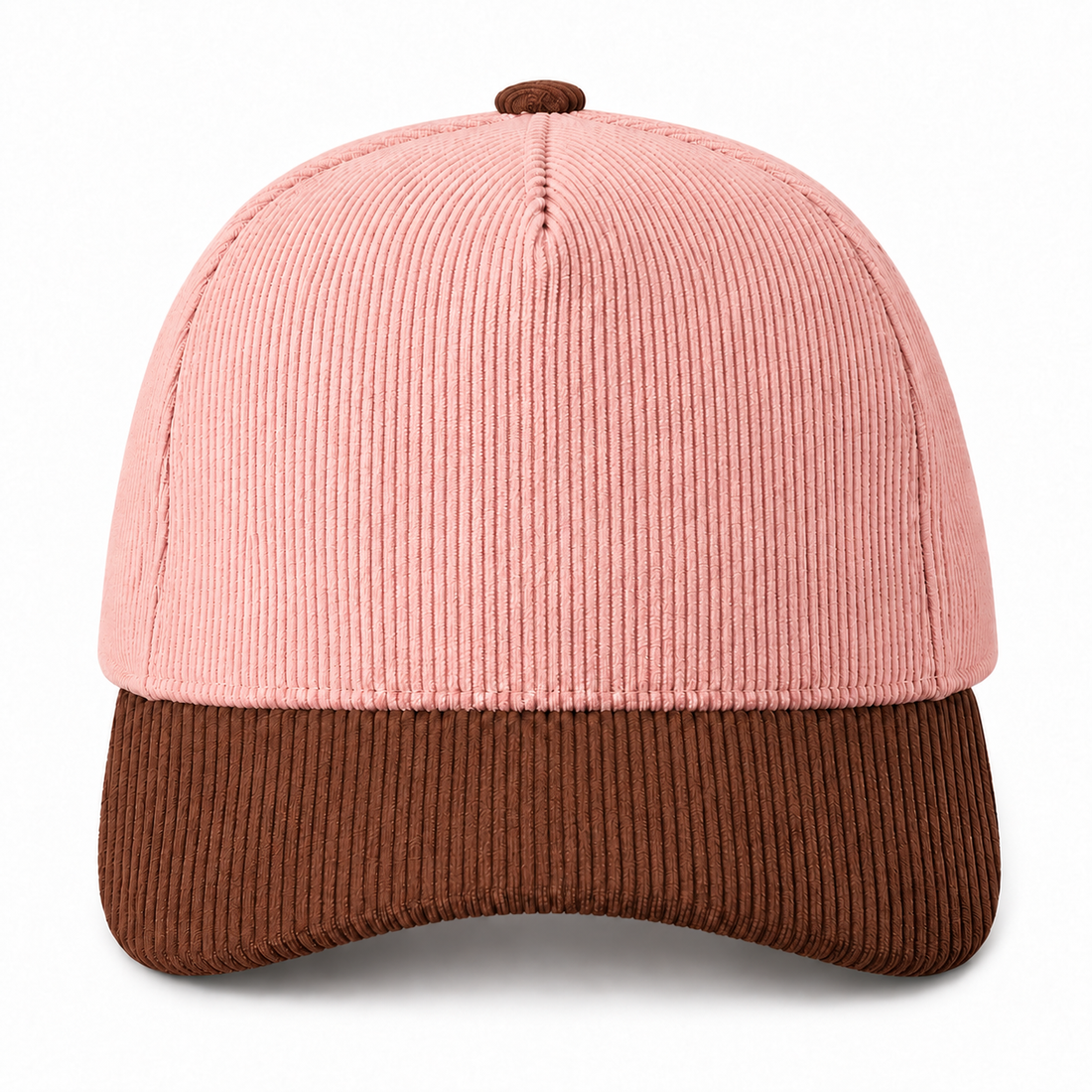 Pink and brown two-tone corduroy trucker hat, front view