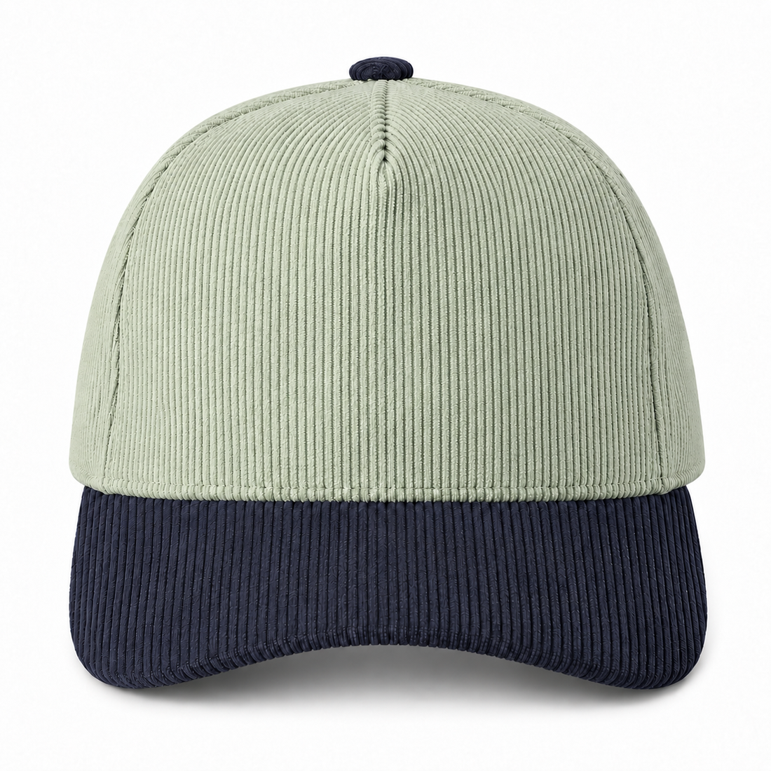 Sage and navy two-tone corduroy trucker hat, front view