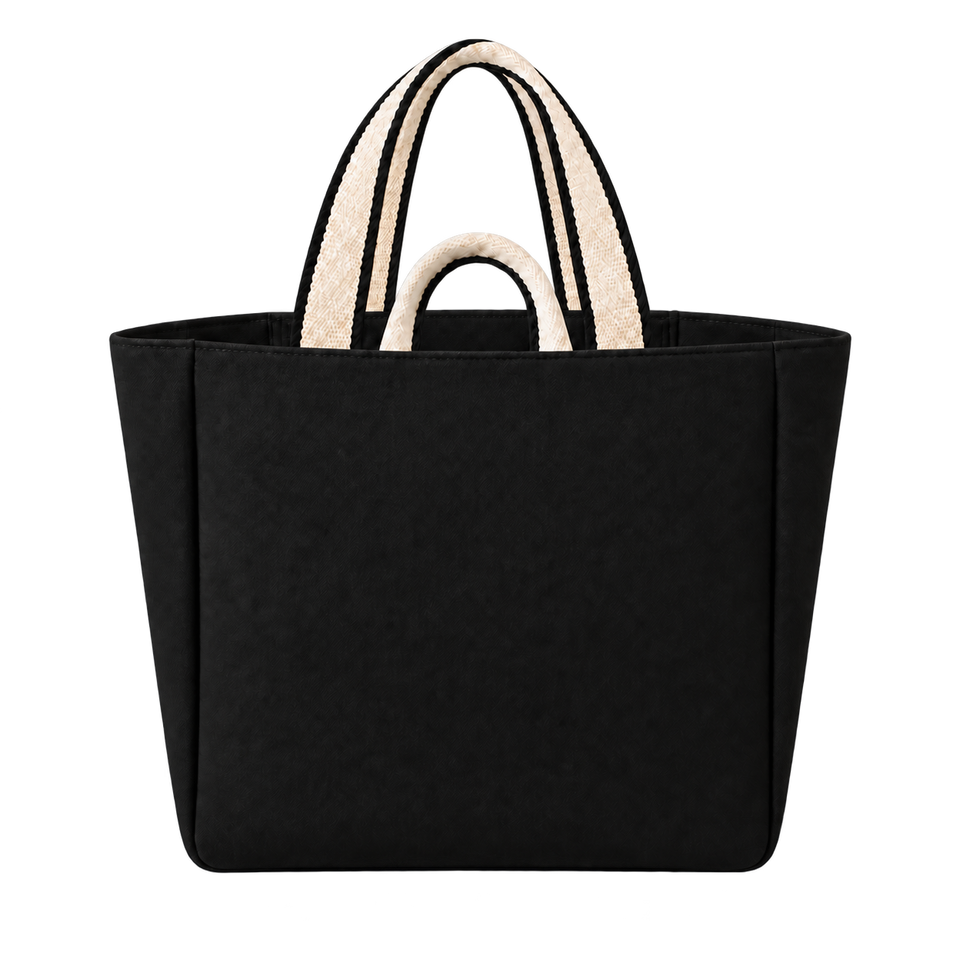 Black contrast-strap canvas tote, blank front ready for personalization