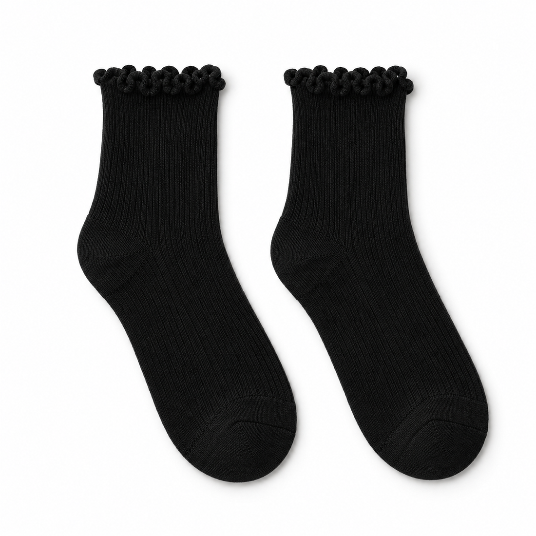 Black bamboo-blend ruffle crew socks, matching pair, front view