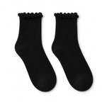 Black bamboo-blend ruffle crew socks, matching pair, front view