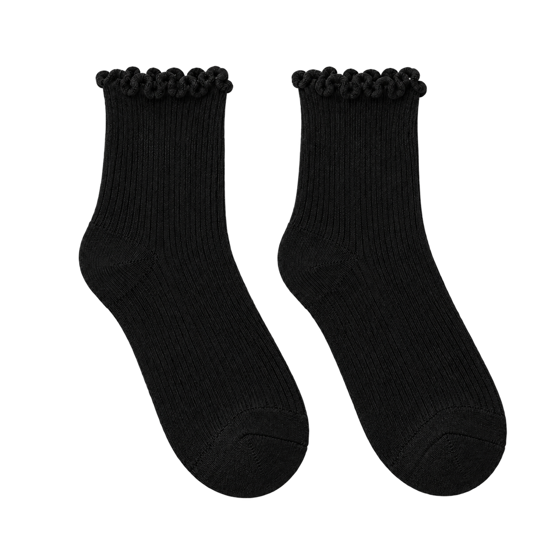 Black bamboo-blend ruffle crew socks, blank pair ready for personalization