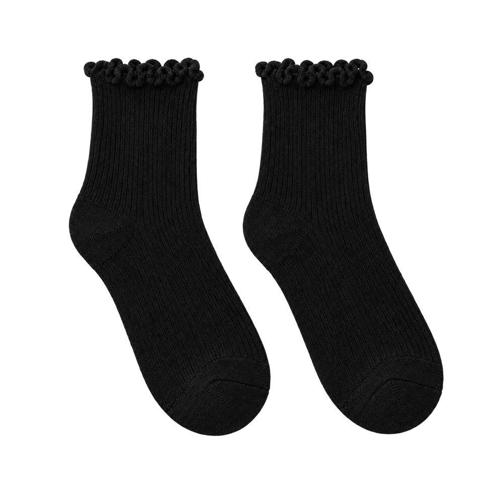 Black bamboo-blend ruffle crew socks, blank pair ready for personalization