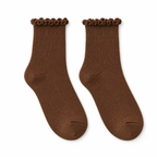 Chocolate Brown bamboo-blend ruffle crew socks, matching pair, front view
