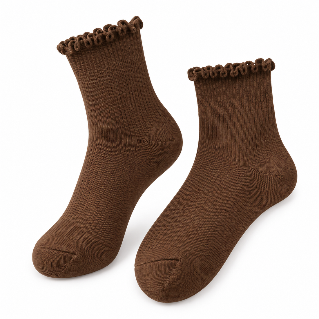 Chocolate Brown bamboo-blend ruffle crew socks, angled pair showing the lettuce-edge cuffs