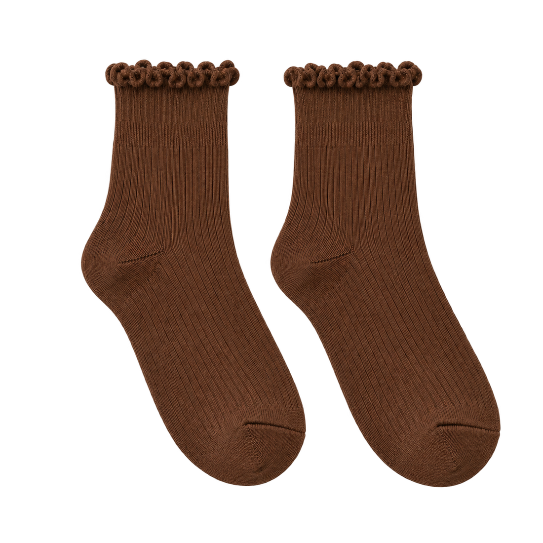 Chocolate Brown bamboo-blend ruffle crew socks, blank pair ready for personalization
