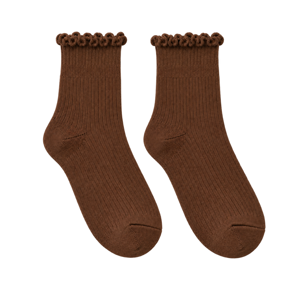 Chocolate Brown bamboo-blend ruffle crew socks, blank pair ready for personalization