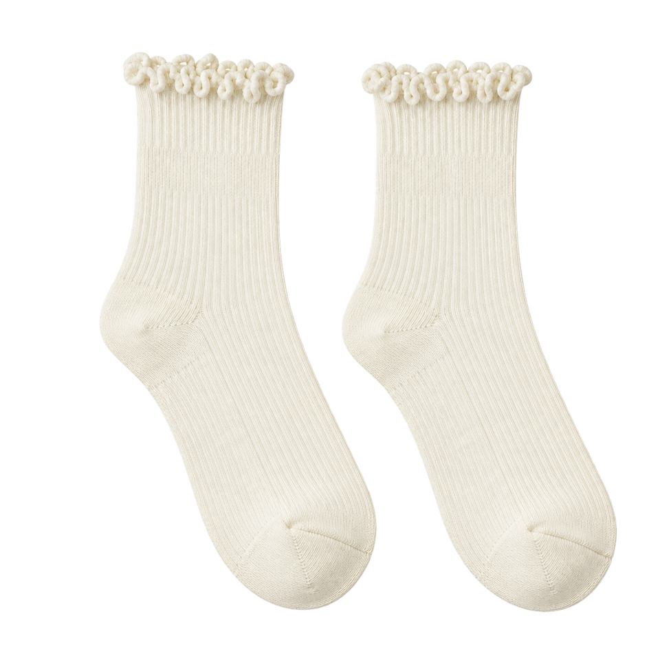 Ivory bamboo-blend ruffle crew socks, blank pair ready for personalization