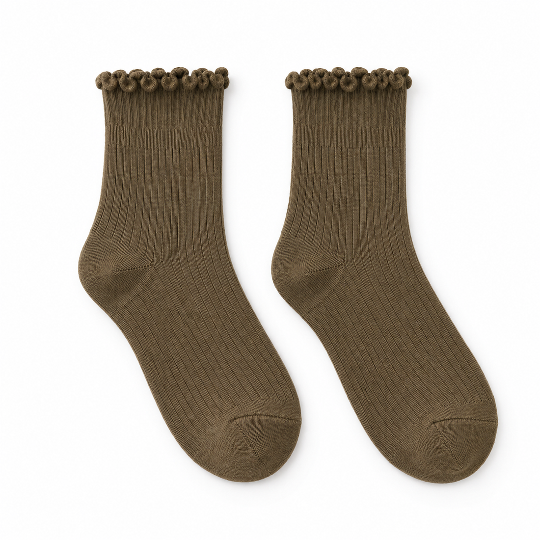 Olive Brown bamboo-blend ruffle crew socks, matching pair, front view