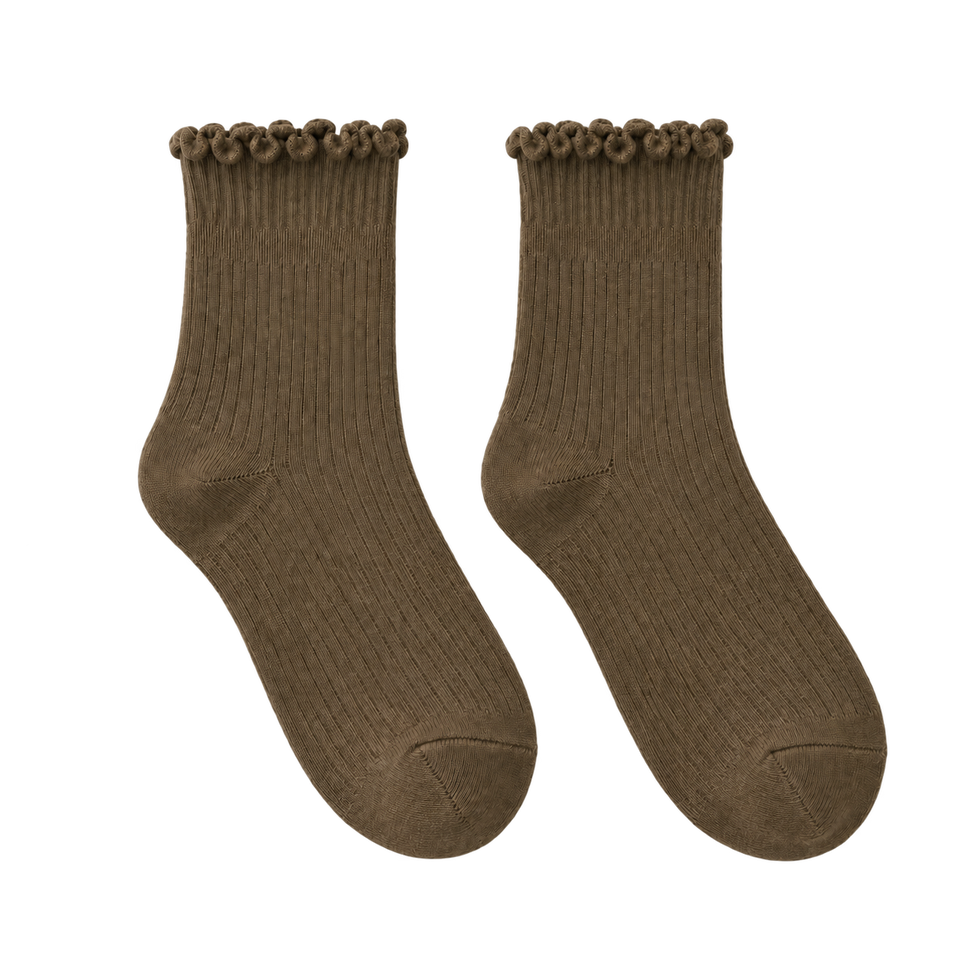 Olive Brown bamboo-blend ruffle crew socks, blank pair ready for personalization