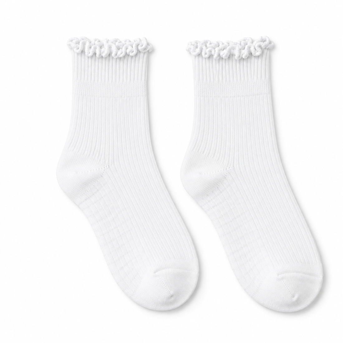 White bamboo-blend ruffle crew socks, matching pair, front view