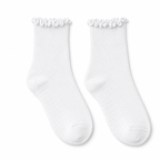 White bamboo-blend ruffle crew socks, matching pair, front view