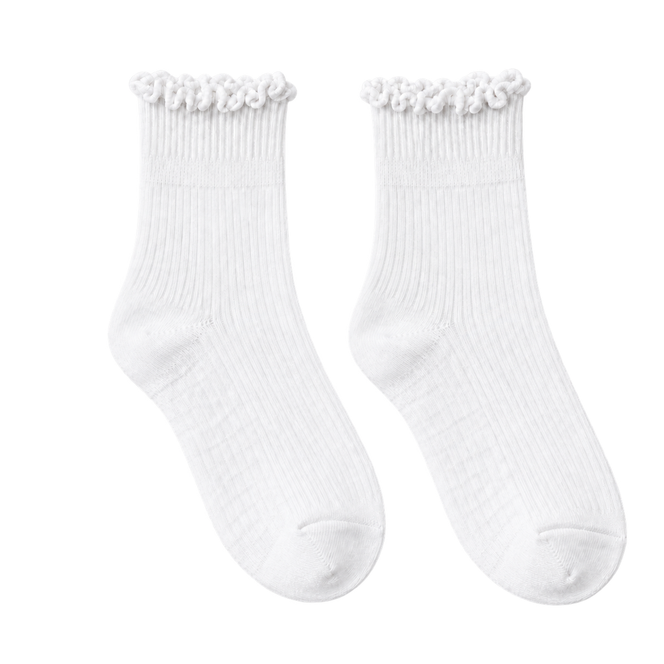 White bamboo-blend ruffle crew socks, blank pair ready for personalization