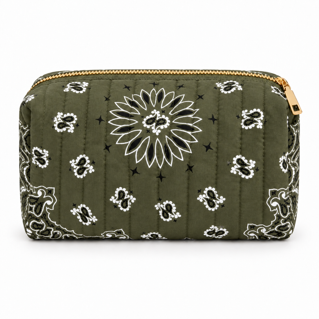 Olive Green quilted bandana cosmetic case, front view