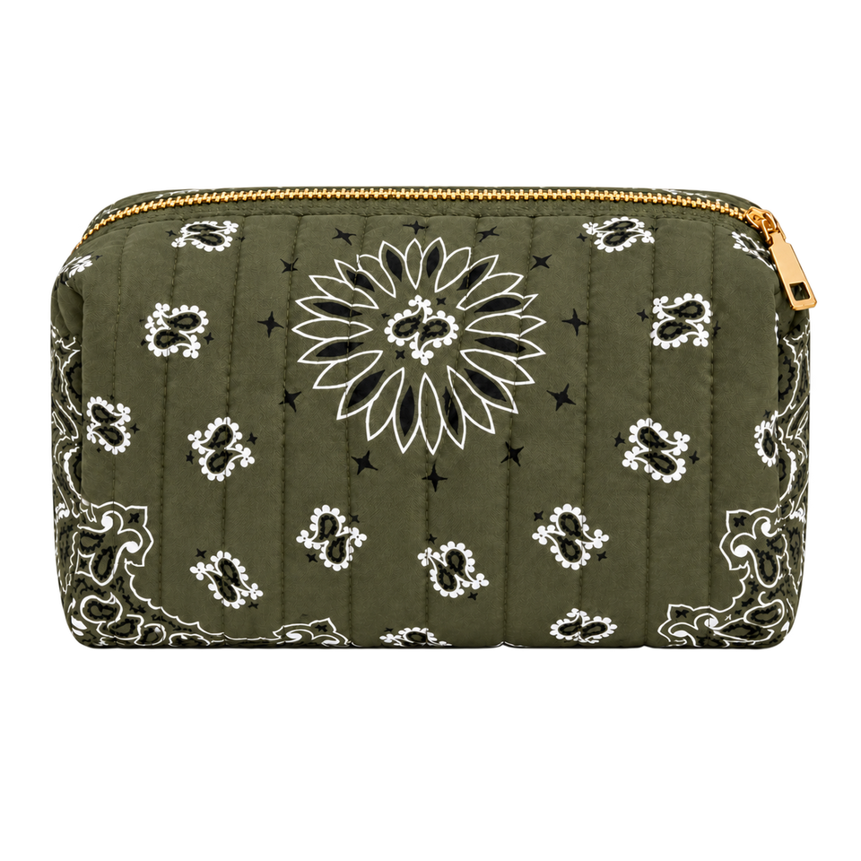 Olive Green quilted bandana cosmetic case, blank front ready for personalization
