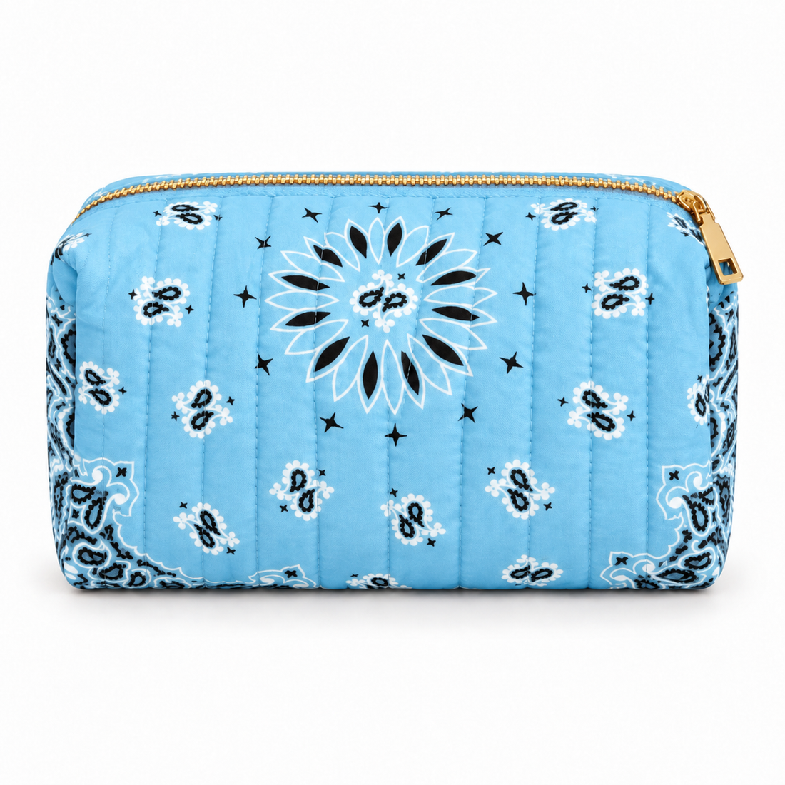 Light Blue quilted bandana cosmetic case, front view