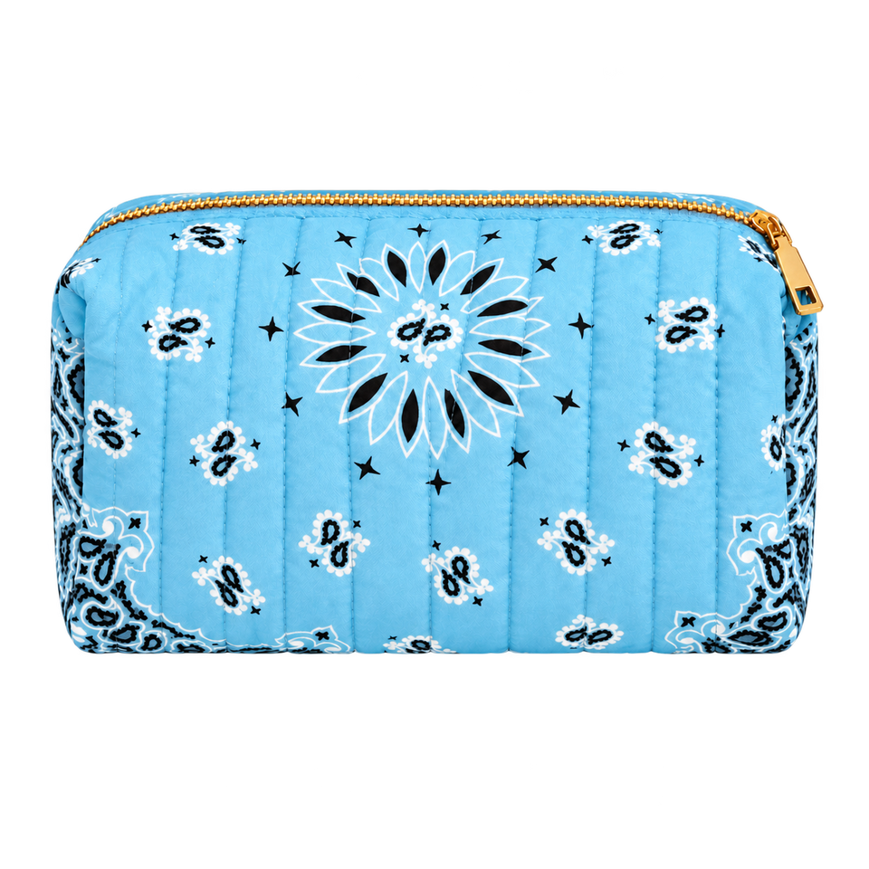 Light Blue quilted bandana cosmetic case, blank front ready for personalization